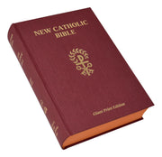Maroon Catholic Bible with gold text and emblem on a white background