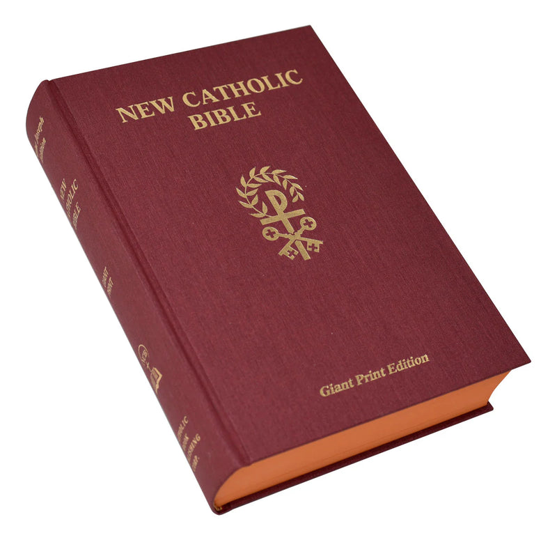 Maroon Catholic Bible with gold text and emblem on a white background