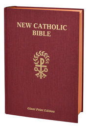 Red New Catholic Bible with gold text and emblem on a white background