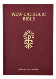 Red New Catholic Bible with gold text and emblem on a white background