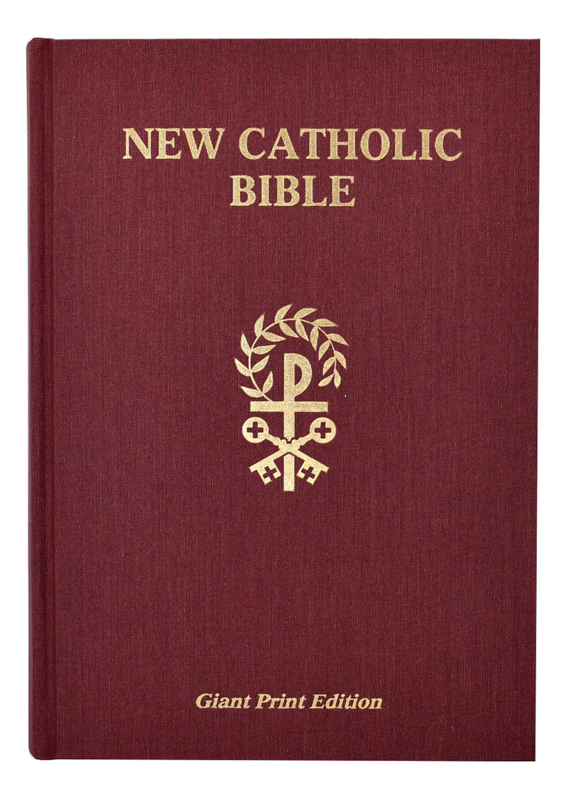 Red New Catholic Bible with gold text and emblem on a white background