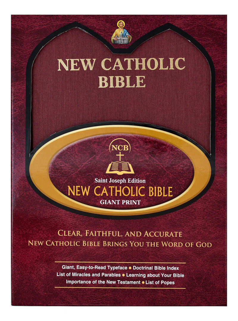 New Catholic Bible cover with maroon and gold design