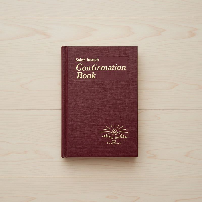 Maroon Confirmation Book with 'Saint Joseph' text on a light wooden surface