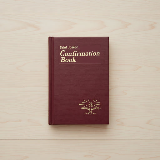 Maroon Confirmation Book with 'Saint Joseph' text on a light wooden surface