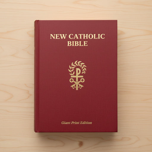 Red New Catholic Bible on a wooden surface