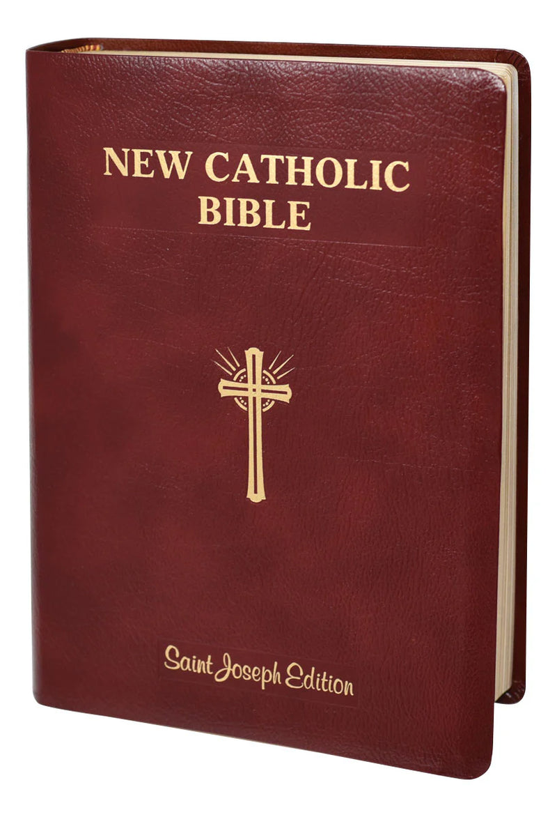 Maroon Bible with gold text and cross on a white background