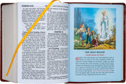 Open book with religious illustration of a woman and children, featuring a yellow bookmark.