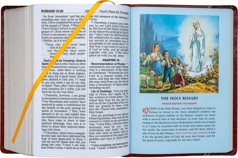Open book with religious illustration of a woman and children, featuring a yellow bookmark.