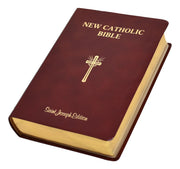 New Catholic Bible with a gold cross on a white background