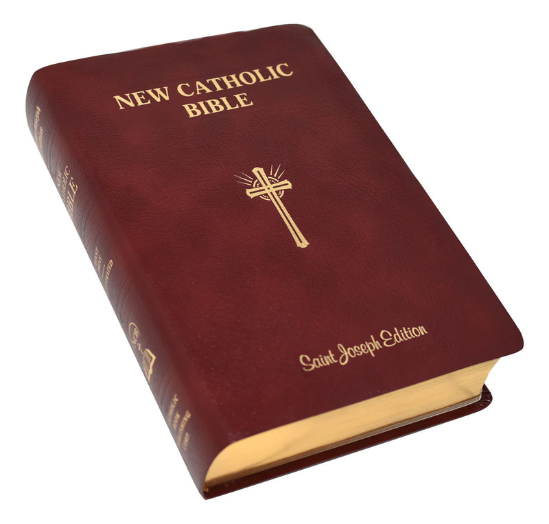 Maroon New Catholic Bible with gold text and cross on a white background