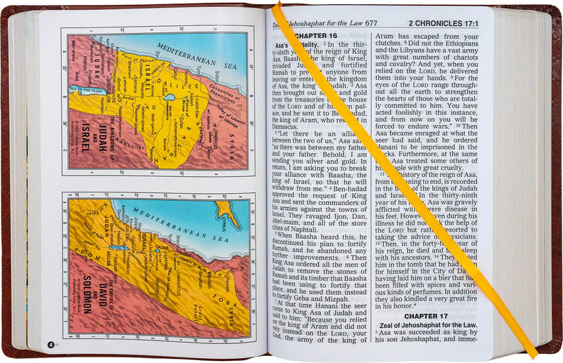 Open book with historical text and maps, featuring a map of ancient Israel and Judah.