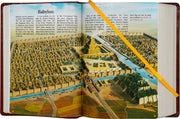 Open book showing a detailed illustration of Babylon with text on the left page.
