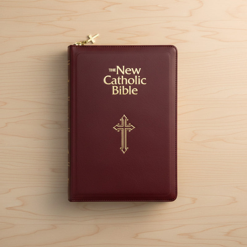 Maroon Bible with gold cross and text on a wooden surface
