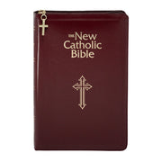 Maroon leather-bound Bible with gold cross design on a white background