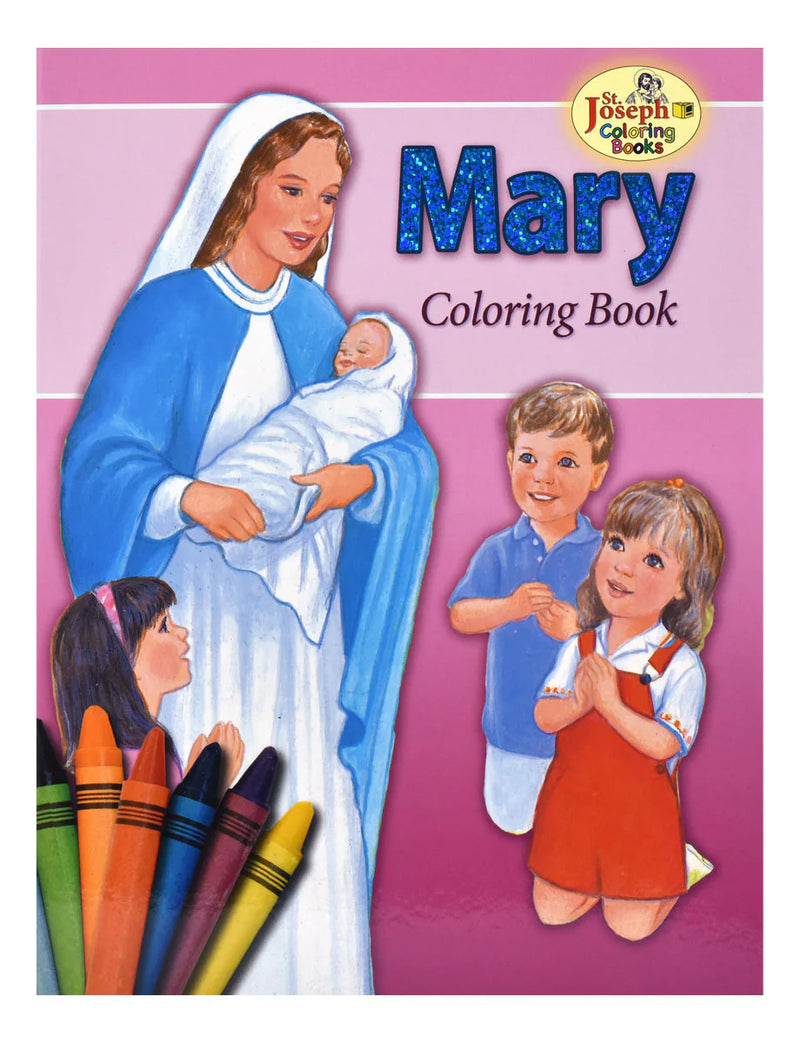 Pink coloring book with a picture of Mary and children