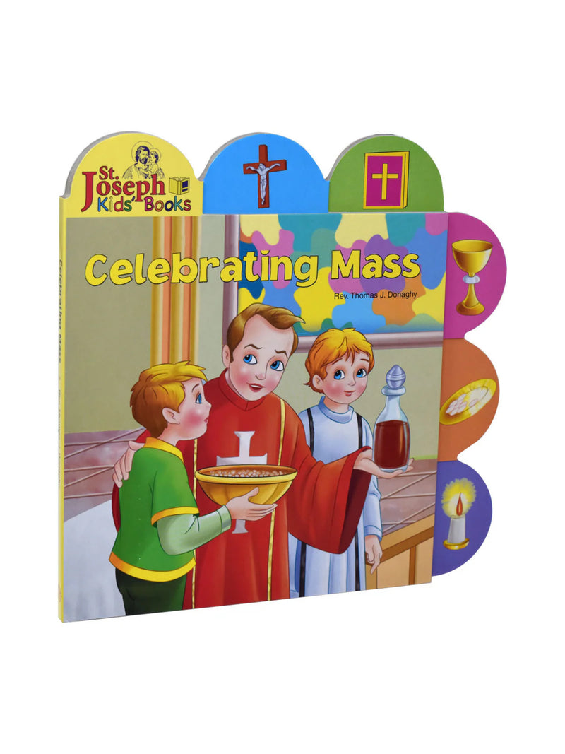 Children's book titled 'Celebrating Mass' with illustrations of a priest and two boys in a church setting.