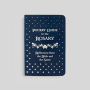 Navy blue pocket guide to the Rosary with white text and star patterns on a gray background