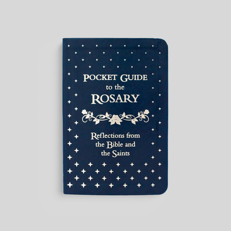 Navy blue pocket guide to the Rosary with white text and star patterns on a gray background