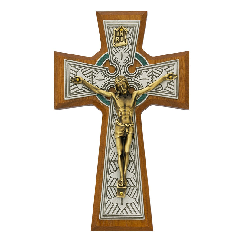 Walnut-Stained Celtic Crucifix with Green Overlay