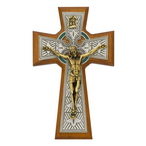 Walnut-Stained Celtic Crucifix with Green Overlay