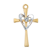 Two-Tone Heart Cross Necklace – 18 Inch Chain in gold over sterling silver