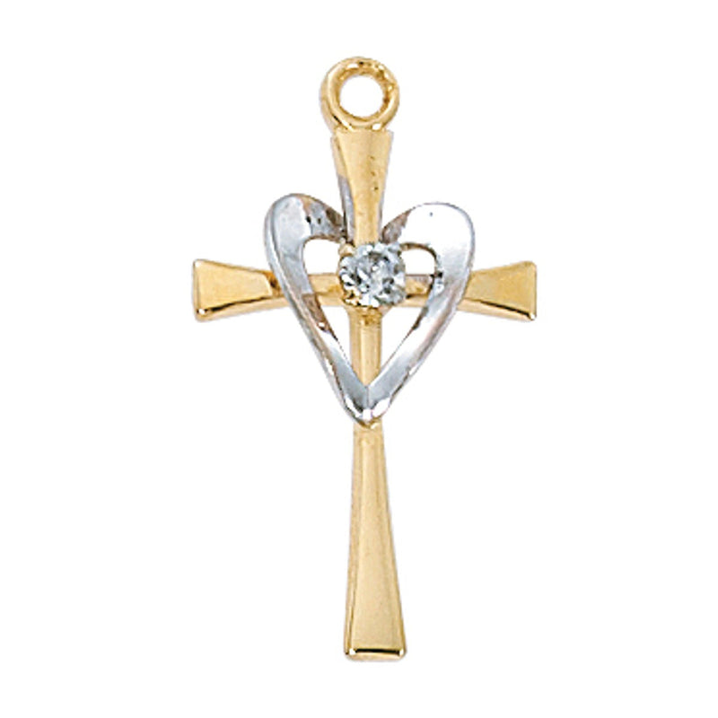 Two-Tone Heart Cross Necklace – 18 Inch Chain in gold over sterling silver