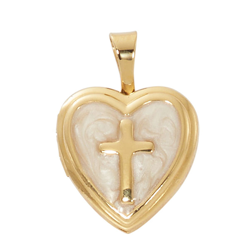 Gold over sterling silver Cross heart locket with mother of pearl Necklace