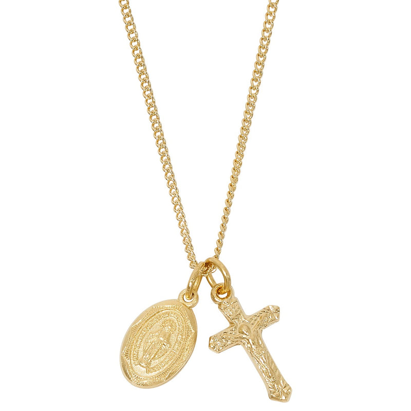 Gold over Sterling Miraculous Medal and Crucifix Necklace