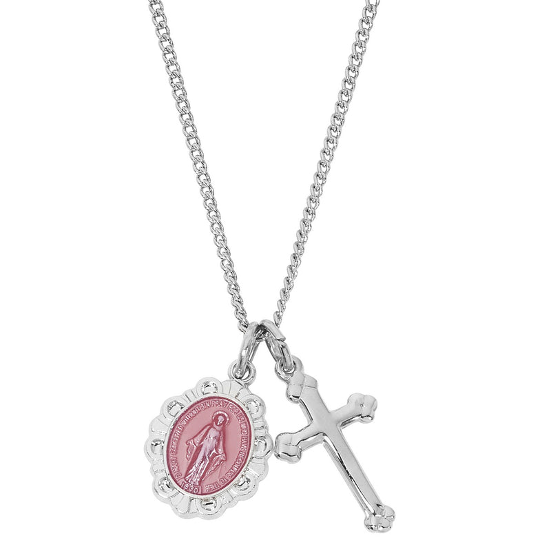 Sterling Silver Pink Miraculous Medal and budded cross Necklace – LD107