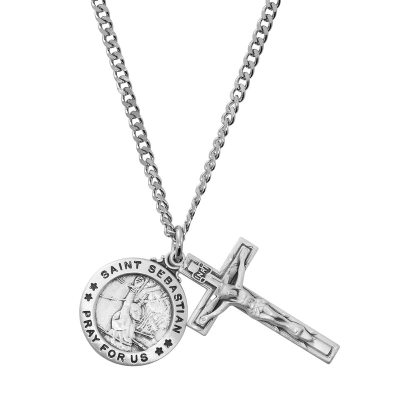 Sterling Silver St. Sebastian medal and crucifix Necklace – LD114