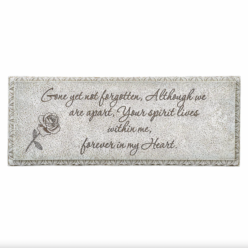 Decorative memorial bench with a rose and inspirational quote on a white background
