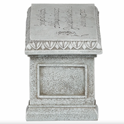 Decorative memorial bench with engraved text and design on a white background