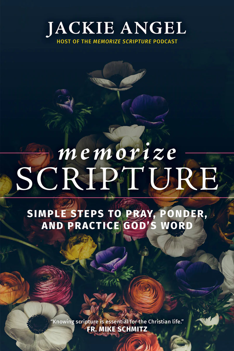 Book cover of 'Memorize Scripture' with floral design and text about praying and pondering God's word.