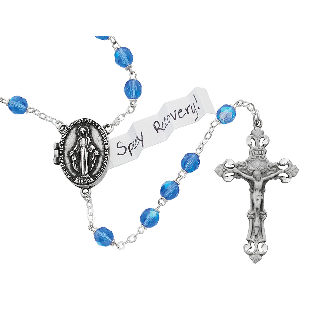 Prayer Petition Locket Rosary - Blue Boxed