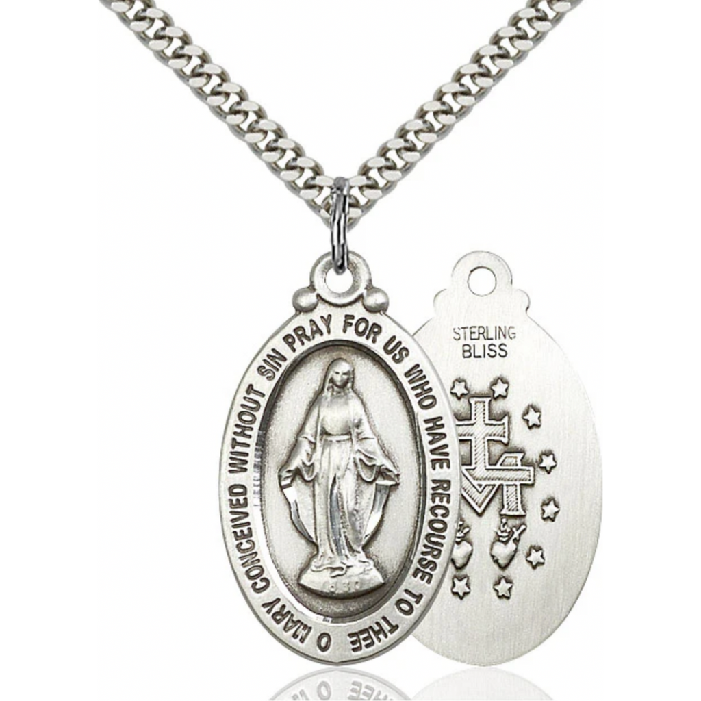 Miraculous Medal Necklace Sterling Silver 24"