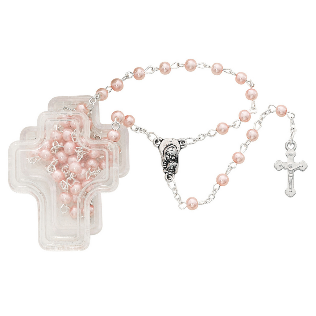 Pastel Pink Pearl Rosary in Cross Box