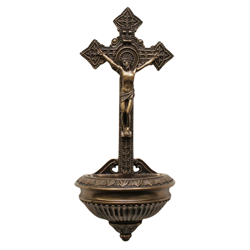 Crucifixion Holy Water Font – 11" | Cold-Cast Bronze | Goldscheider Veronese