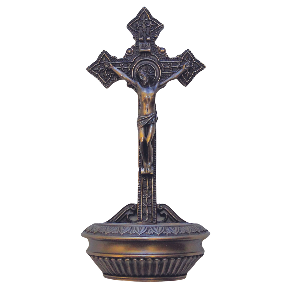 Crucifix Holy Water Font Bronze 9"