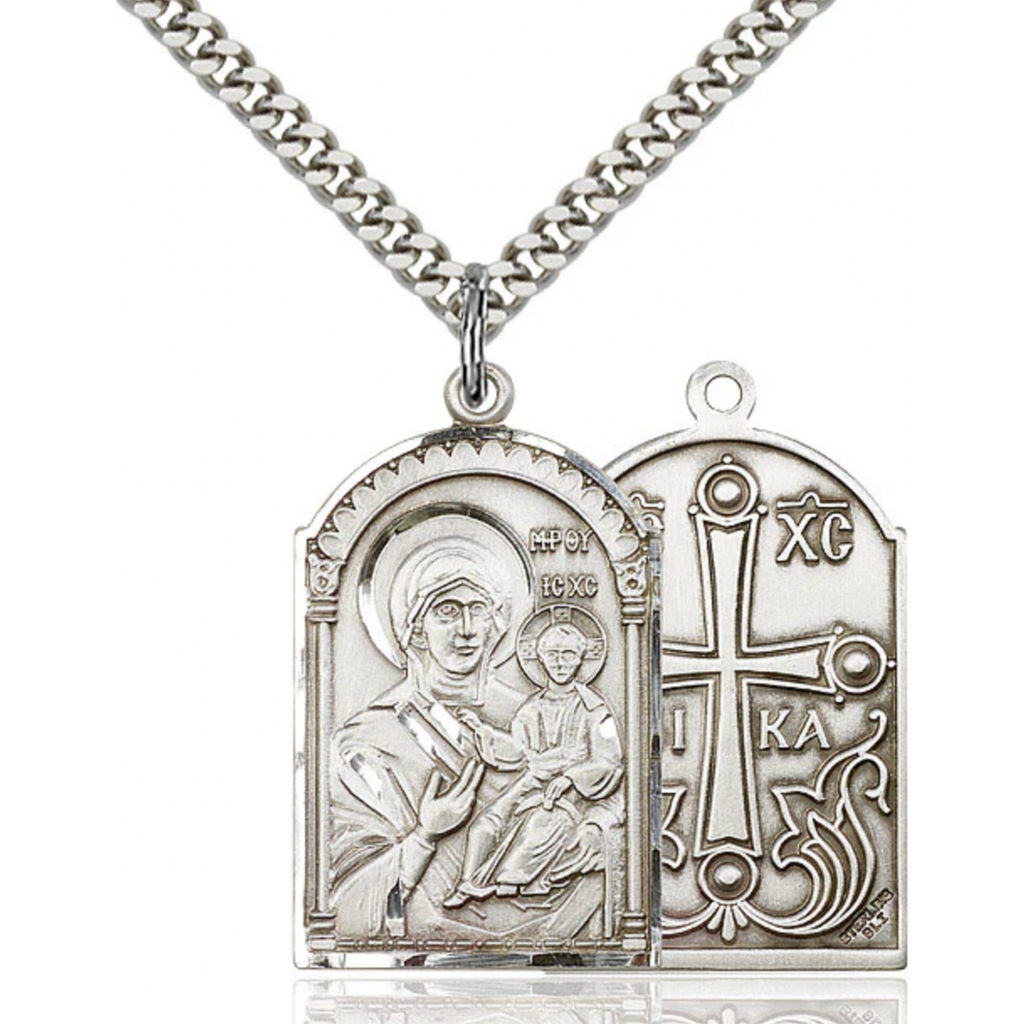 Mother of God Medal Sterling Silver 24"