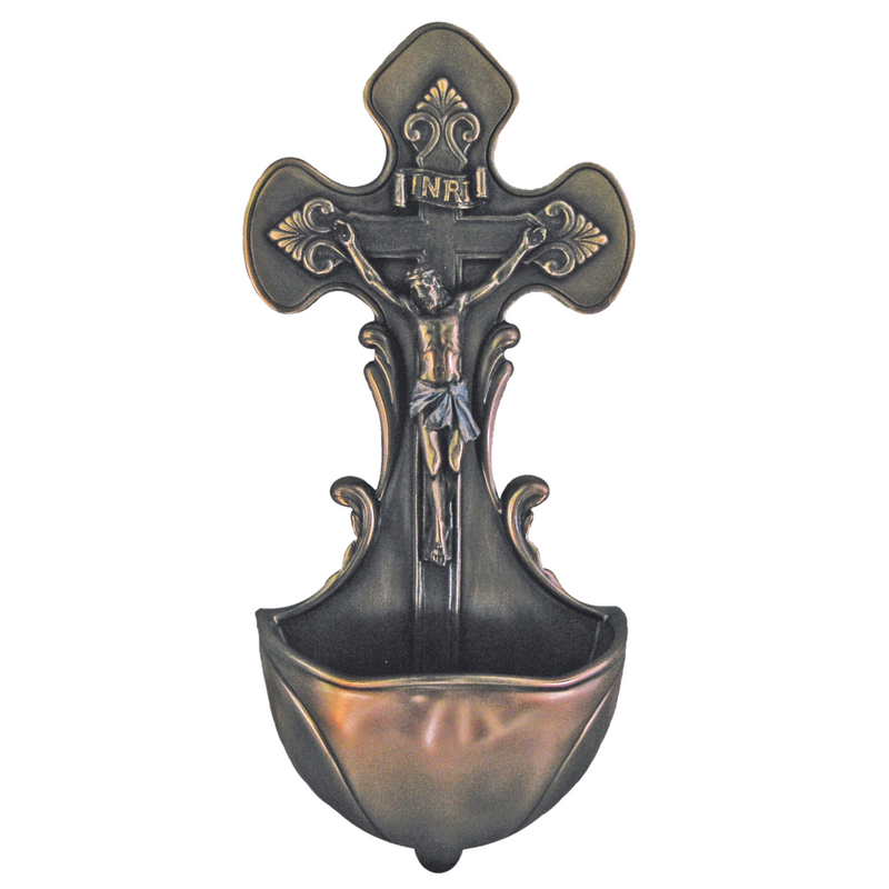 Crucifixion Holy Water Font – 7.5" | Cold-Cast Bronze | Goldscheider Veronese