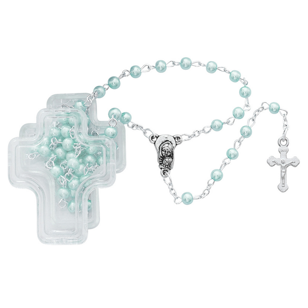 Pastel Blue Pearl Rosary in Cross Box