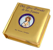 Gold book titled 'Mi Libro Dorado de los Santos' with a religious illustration on the cover.