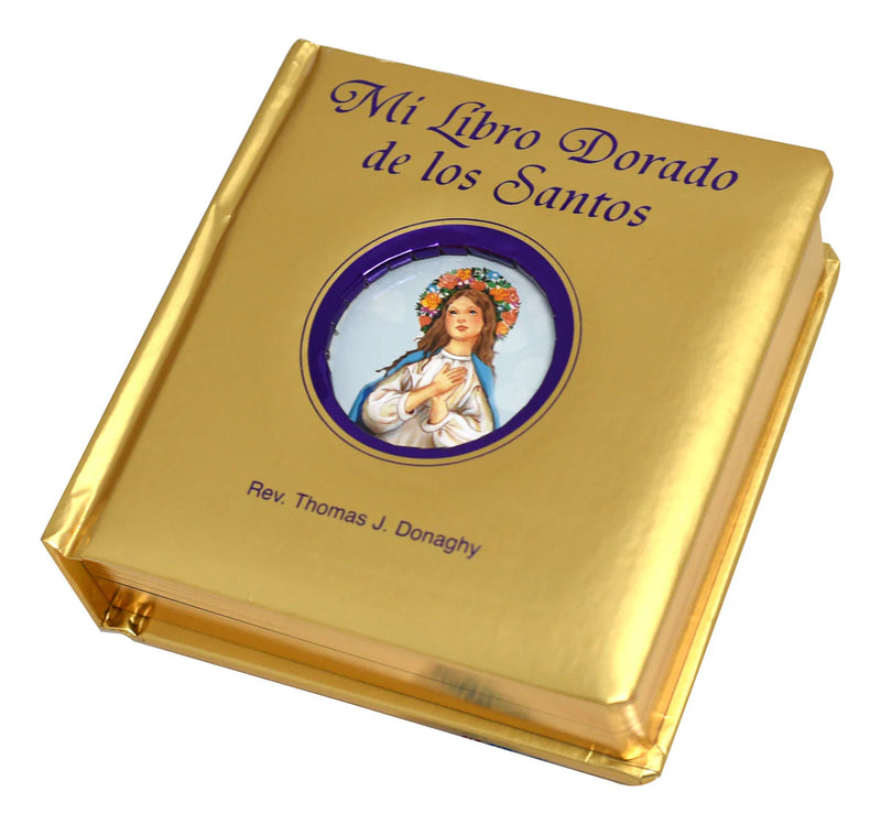 Gold book titled 'Mi Libro Dorado de los Santos' with a religious illustration on the cover.