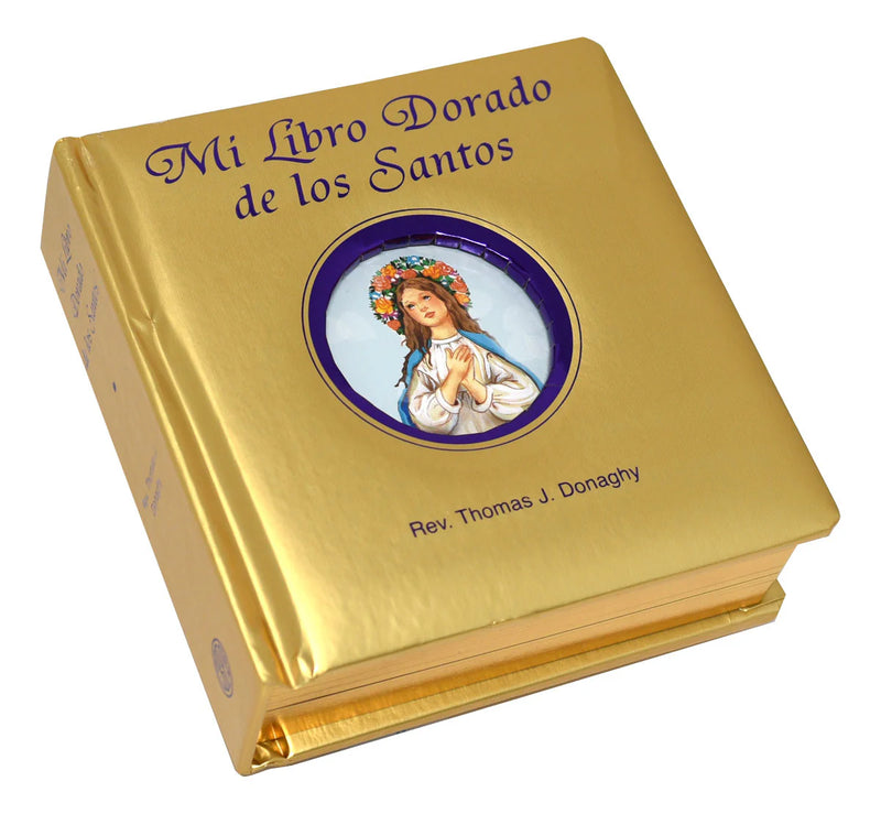 Gold book titled 'Mi Libro Dorado de los Santos' with a circular portrait on the cover