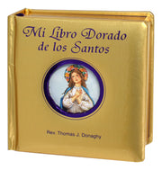 Gold book titled 'Mi Libro Dorado de los Santos' with a religious illustration on the cover