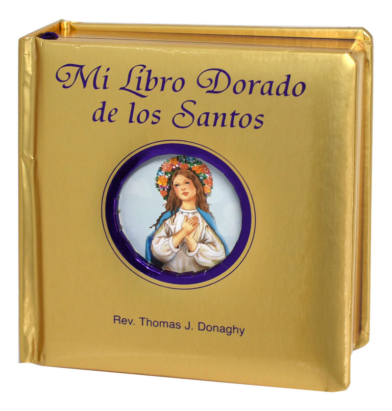 Gold book titled 'Mi Libro Dorado de los Santos' with a religious illustration on the cover