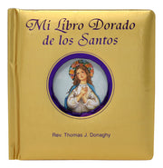 Gold book titled 'Mi Libro Dorado de los Santos' with a religious illustration on the cover.
