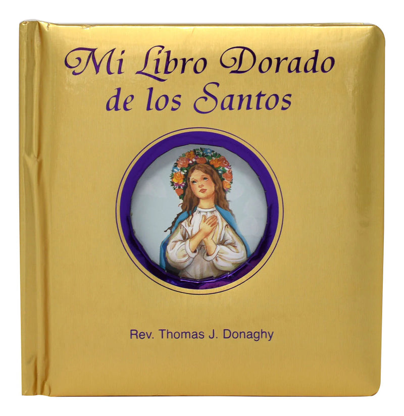 Gold book titled 'Mi Libro Dorado de los Santos' with a religious illustration on the cover.