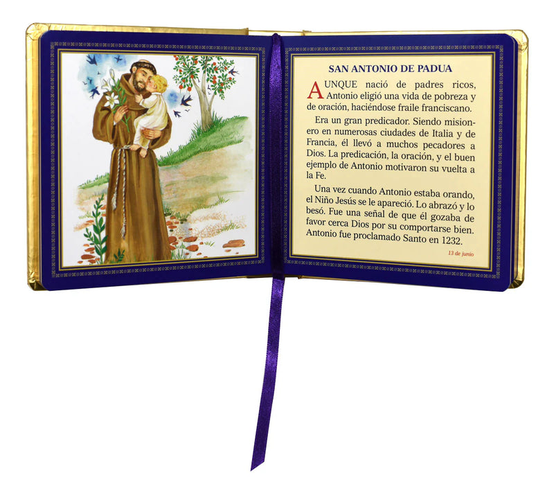 Open book with illustration of a religious figure holding a child and text on a white background