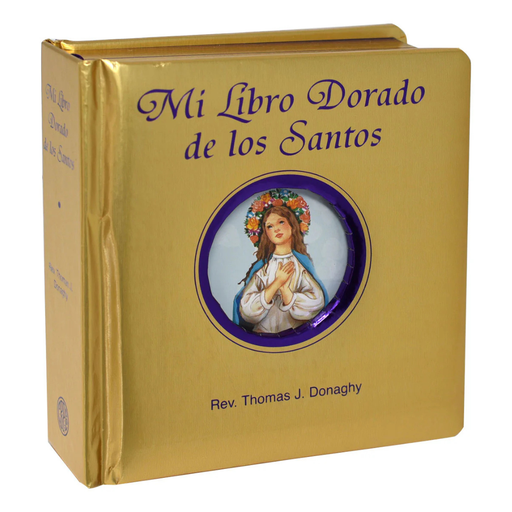 Gold-bound book titled 'Mi Libro Dorado de los Santos' with a religious illustration on the cover.